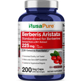NusaPure frasco frontal mostrando berberine 225 mg y 200 cápsulas, conveniencia diaria