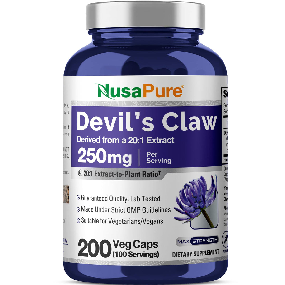 NusaPure frasco frontal Devil's Claw mostrando dosis y cantidad, facilita elección rápida