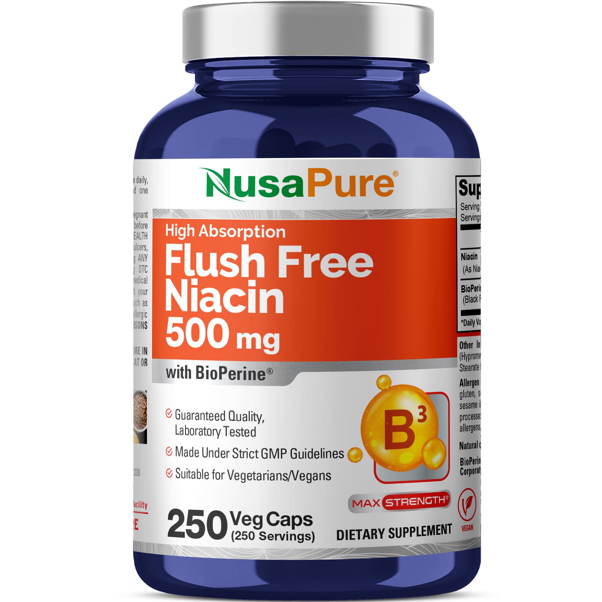 NusaPure frasco frontal mostrando 250 cápsulas y etiqueta clara para almacenamiento fácil