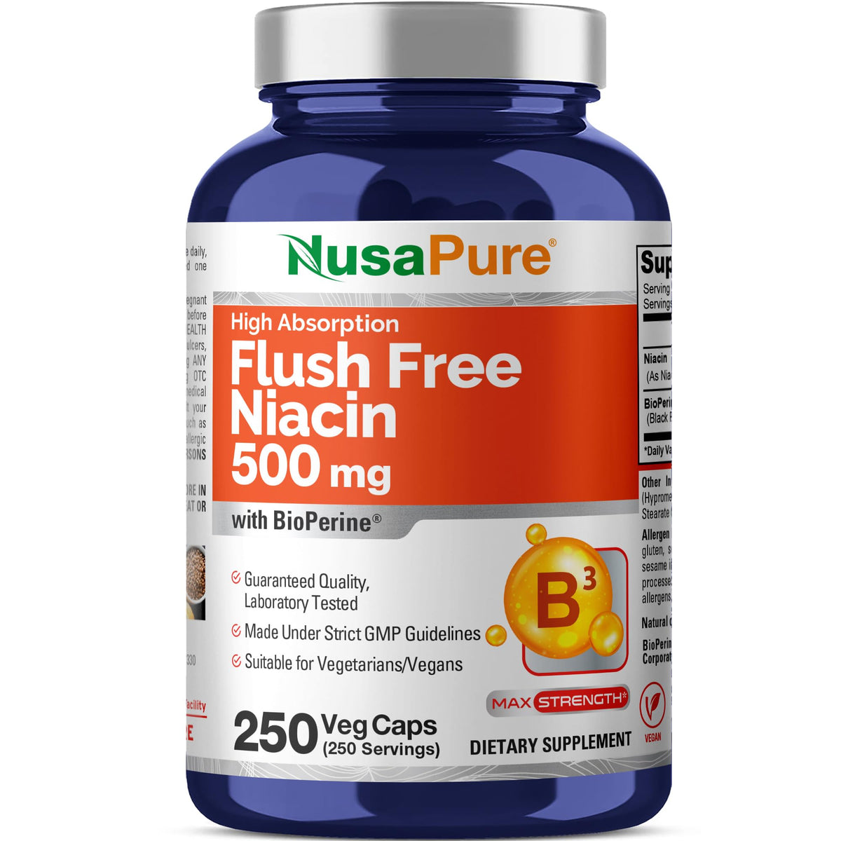 NusaPure frasco frontal mostrando 250 cápsulas y etiqueta clara para almacenamiento fácil