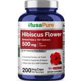 NusaPure frasco frontal con hibisco, presenta información clara y conveniencia