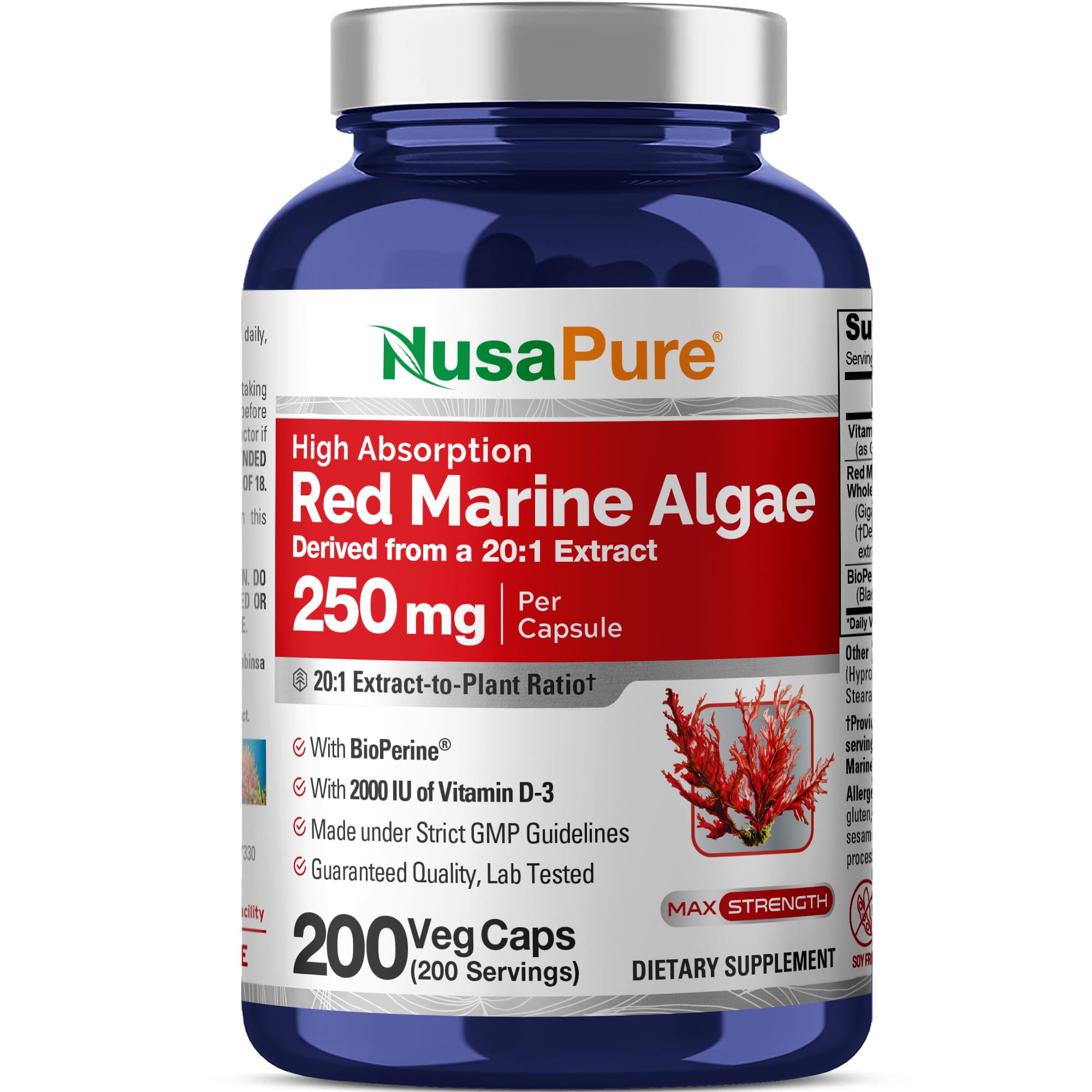 NusaPure botella frontal con algas marinas rojas mostrando conveniencia