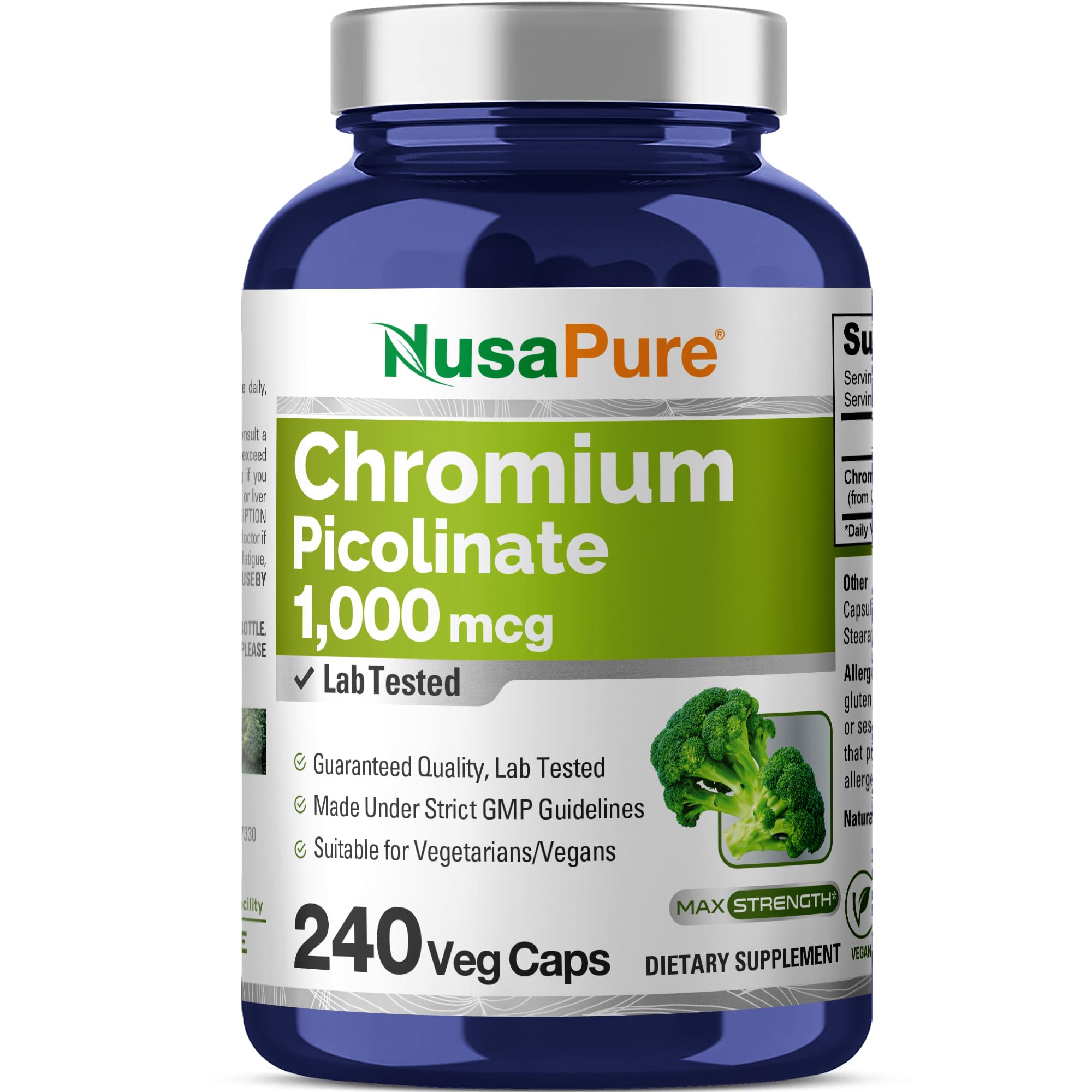 NusaPure envase frontal mostrando Chromium Picolinate y beneficio de suministro prolongado