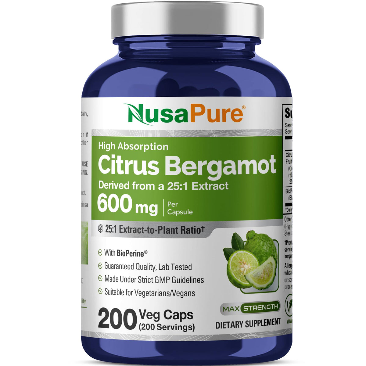 NusaPure envase frontal de Citrus Bergamot mostrando 200 cápsulas y pureza