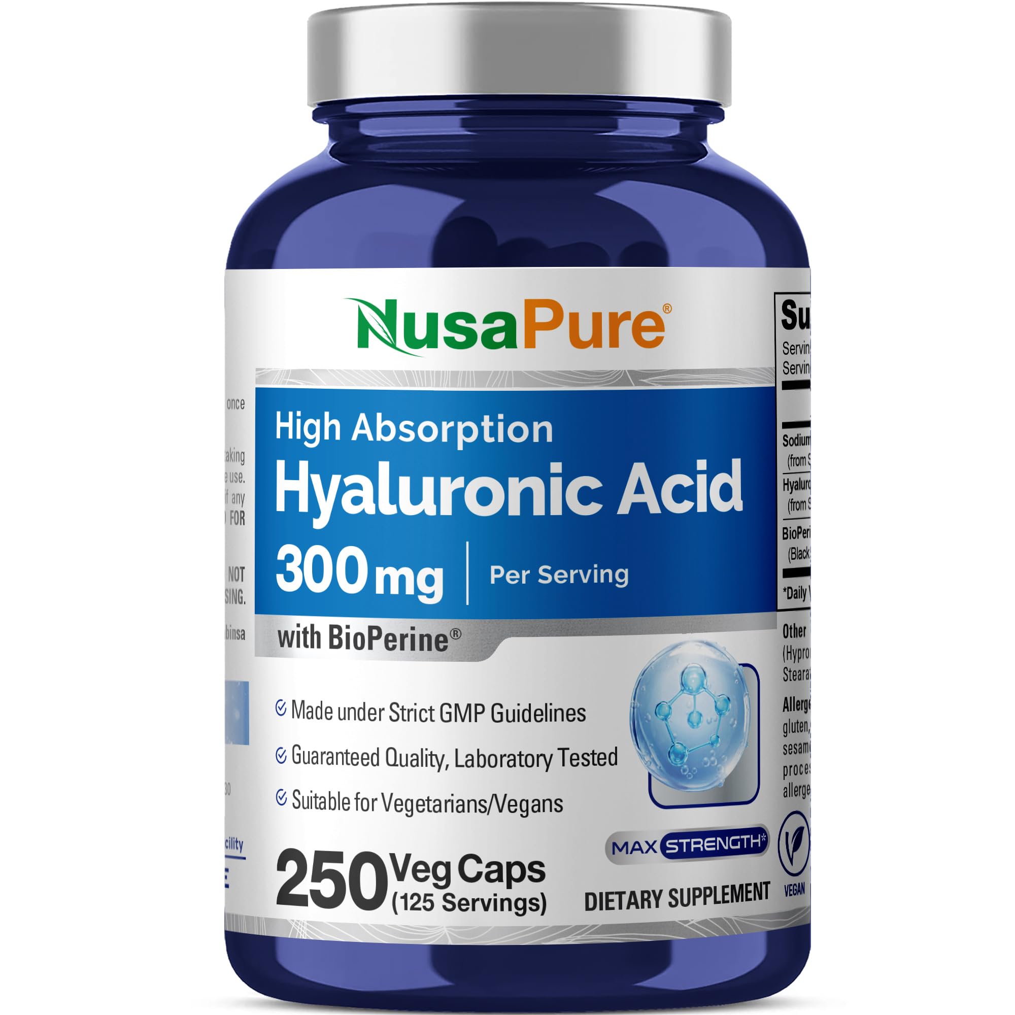 NusaPure frasco frontal muestra 250 cápsulas y conveniencia diaria