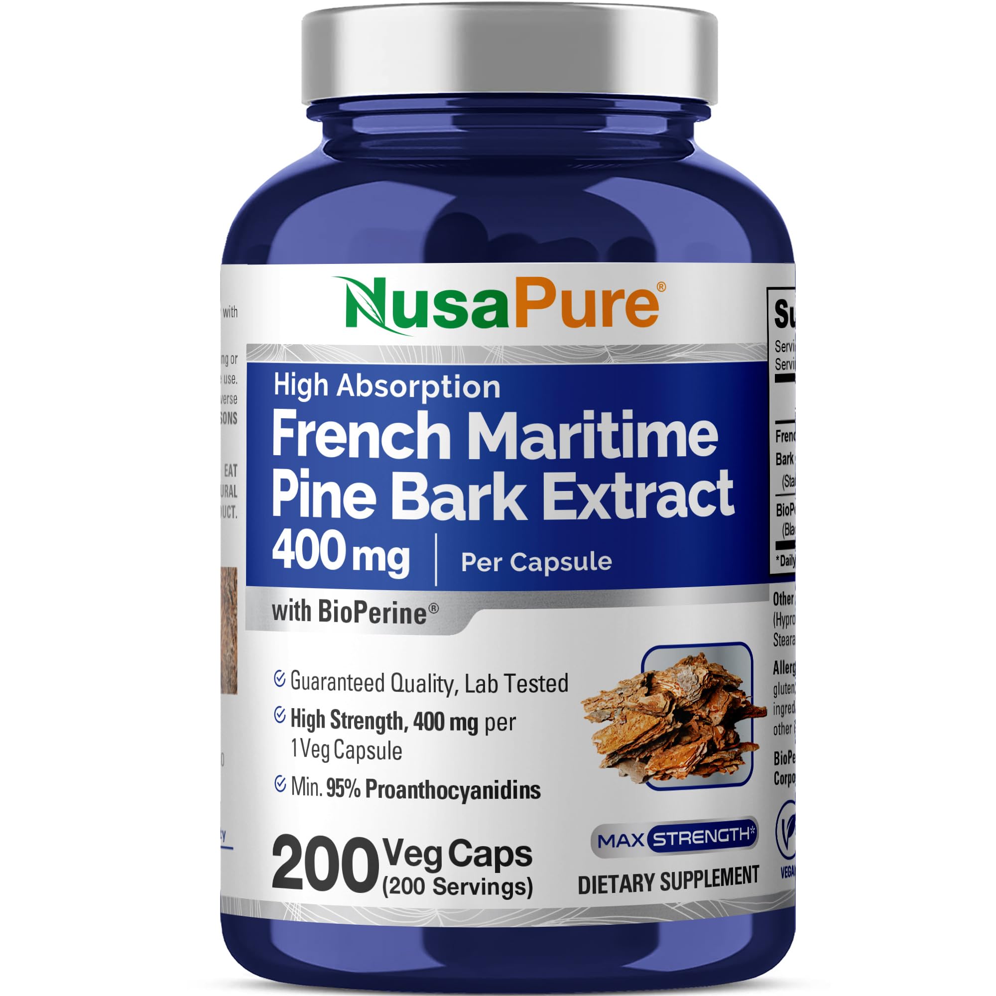 NusaPure envase frontal mostrando 200 cápsulas veganas y beneficio de suministro prolongado