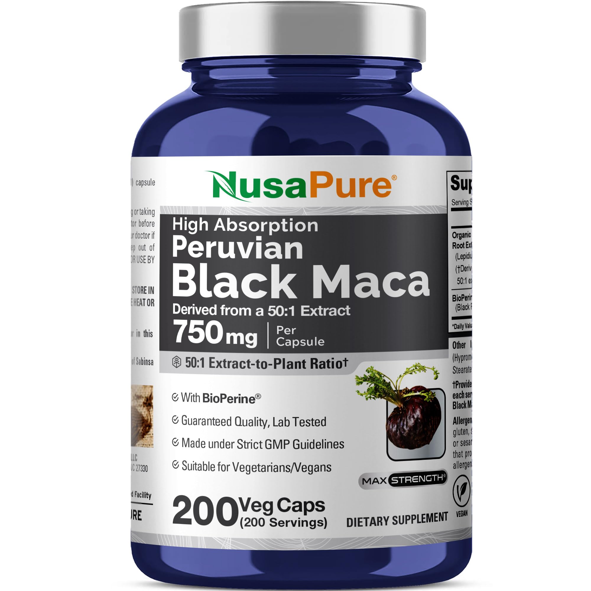 NusaPure frasco frontal mostrando 200 cápsulas y marca como conveniencia