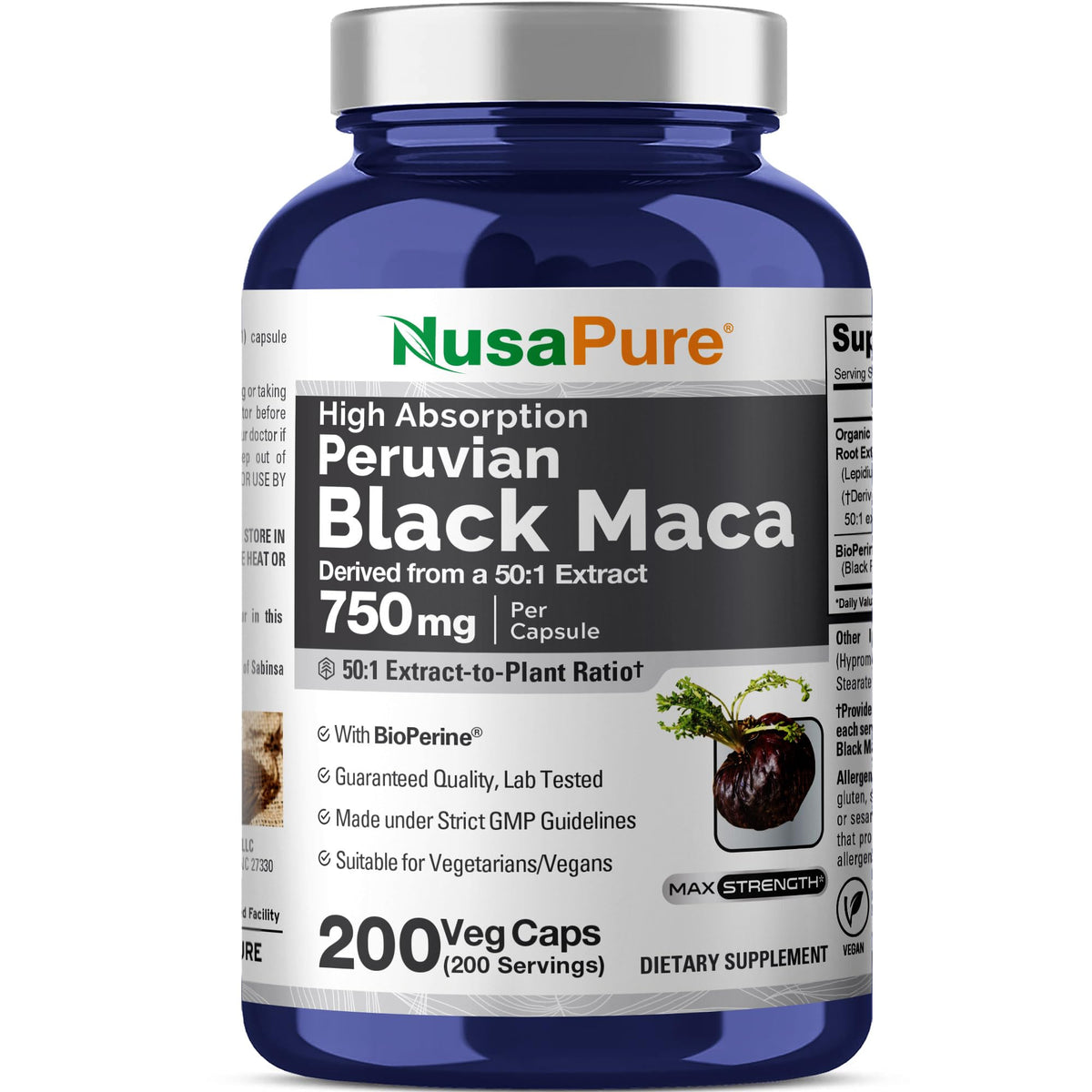 NusaPure frasco frontal mostrando 200 cápsulas y marca como conveniencia