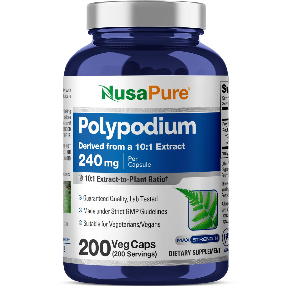 NusaPure frasco frontal muestra 200 cápsulas y 240 mg por porción