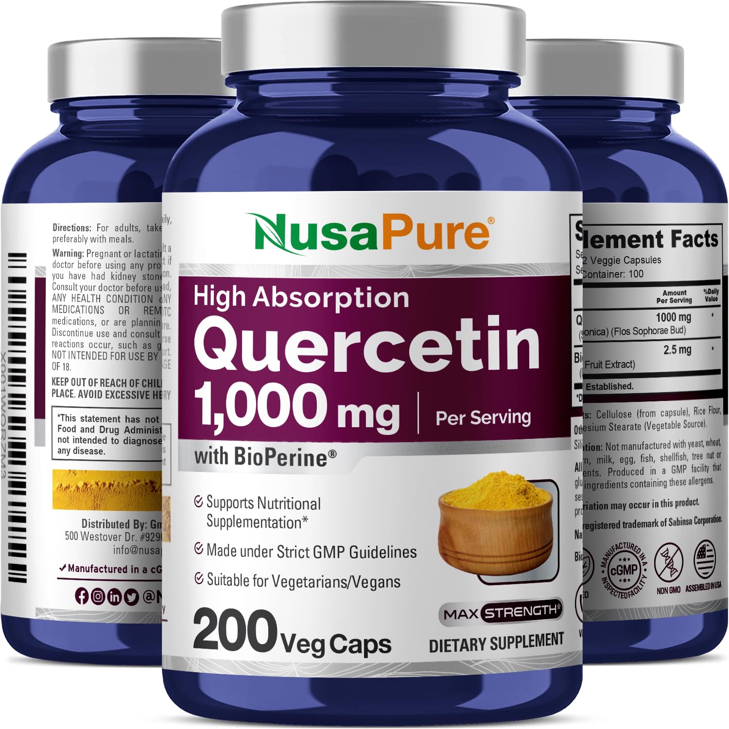 NusaPure etiqueta con ingredientes y Bioperine en enfoque legible y transparente