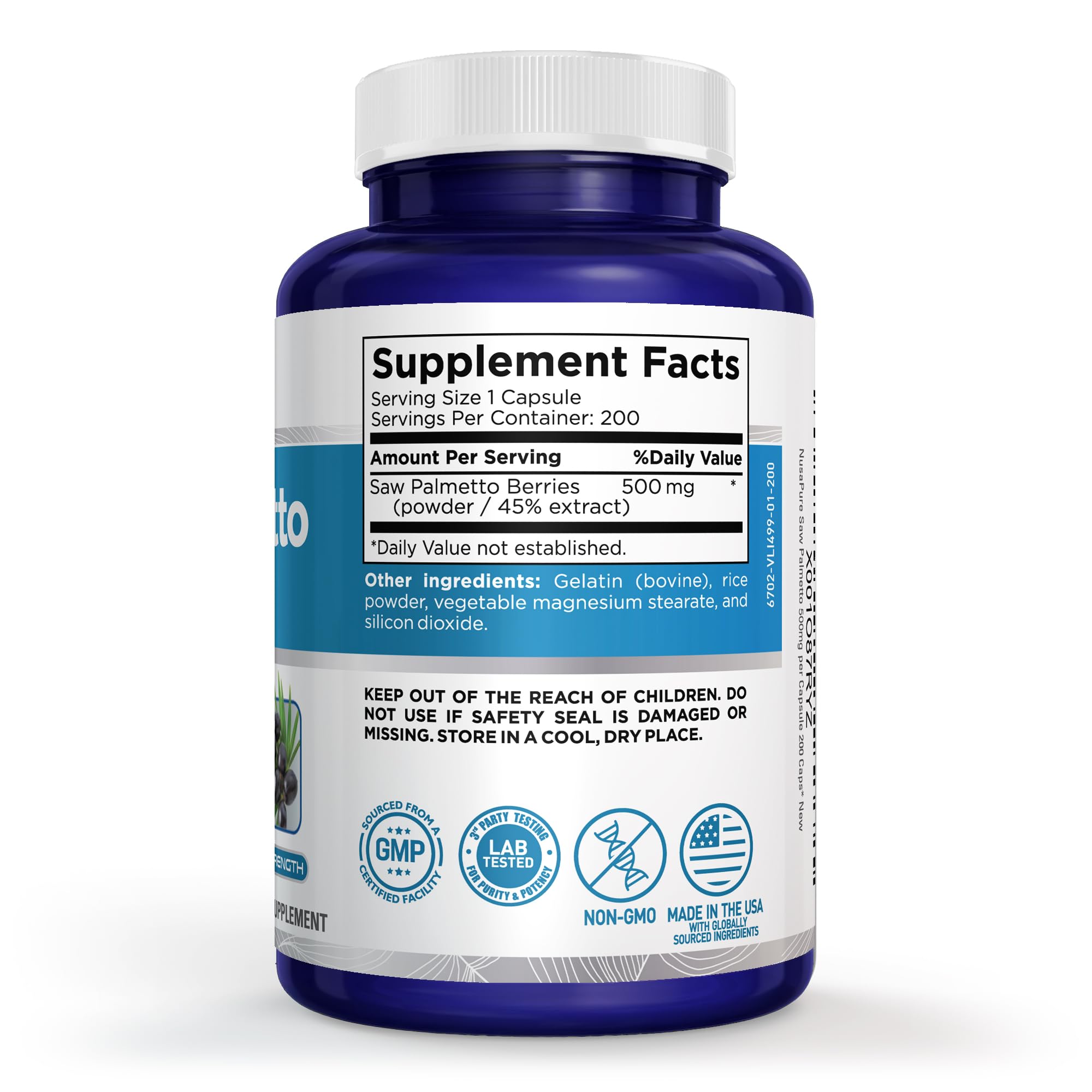 NusaPure etiqueta de producto destacando 500 mg y fabricación cGMP como garantía