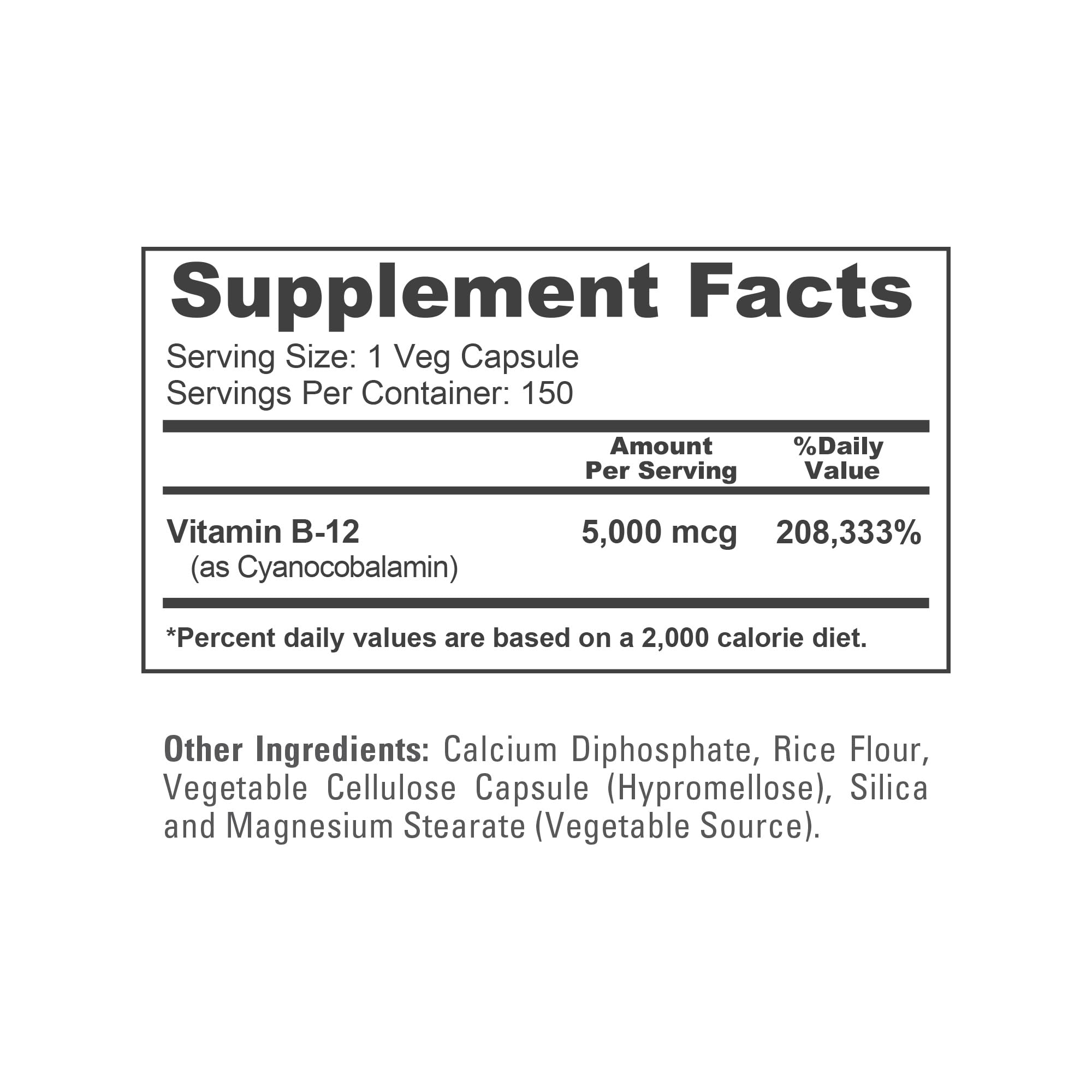 NusaPure etiqueta nutricional resaltando 5000mcg y 150 cápsulas
