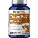 NusaPure frasco frontal de Yacon Root 200 cápsulas mostrando etiqueta clara y beneficios
