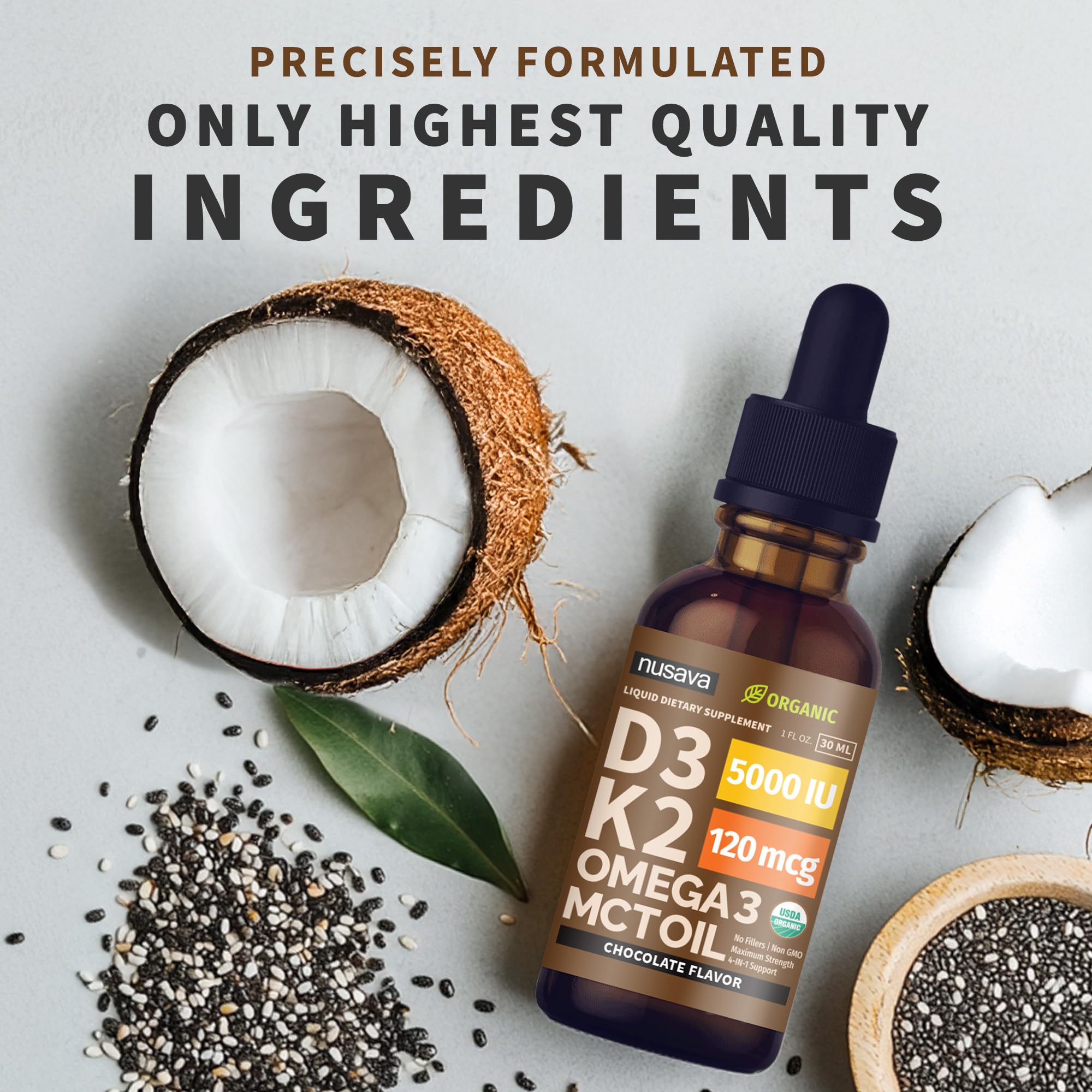 NUSAVA aceite de chía y omega‑3 en detalle mostrando fuente y pureza