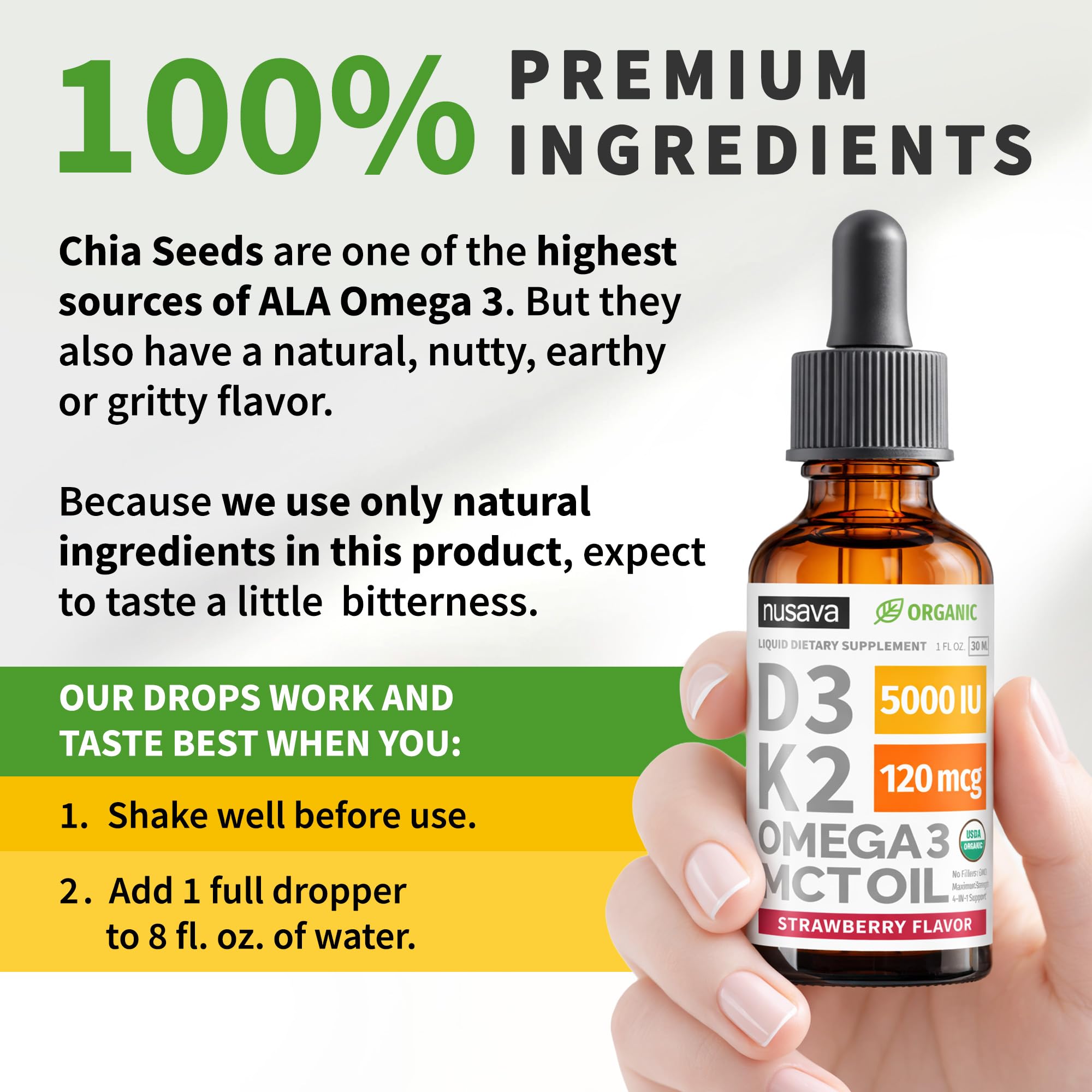 NUSAVA etiqueta con ingredientes D3, K2 y Omega‑3, claridad informativa y confianza