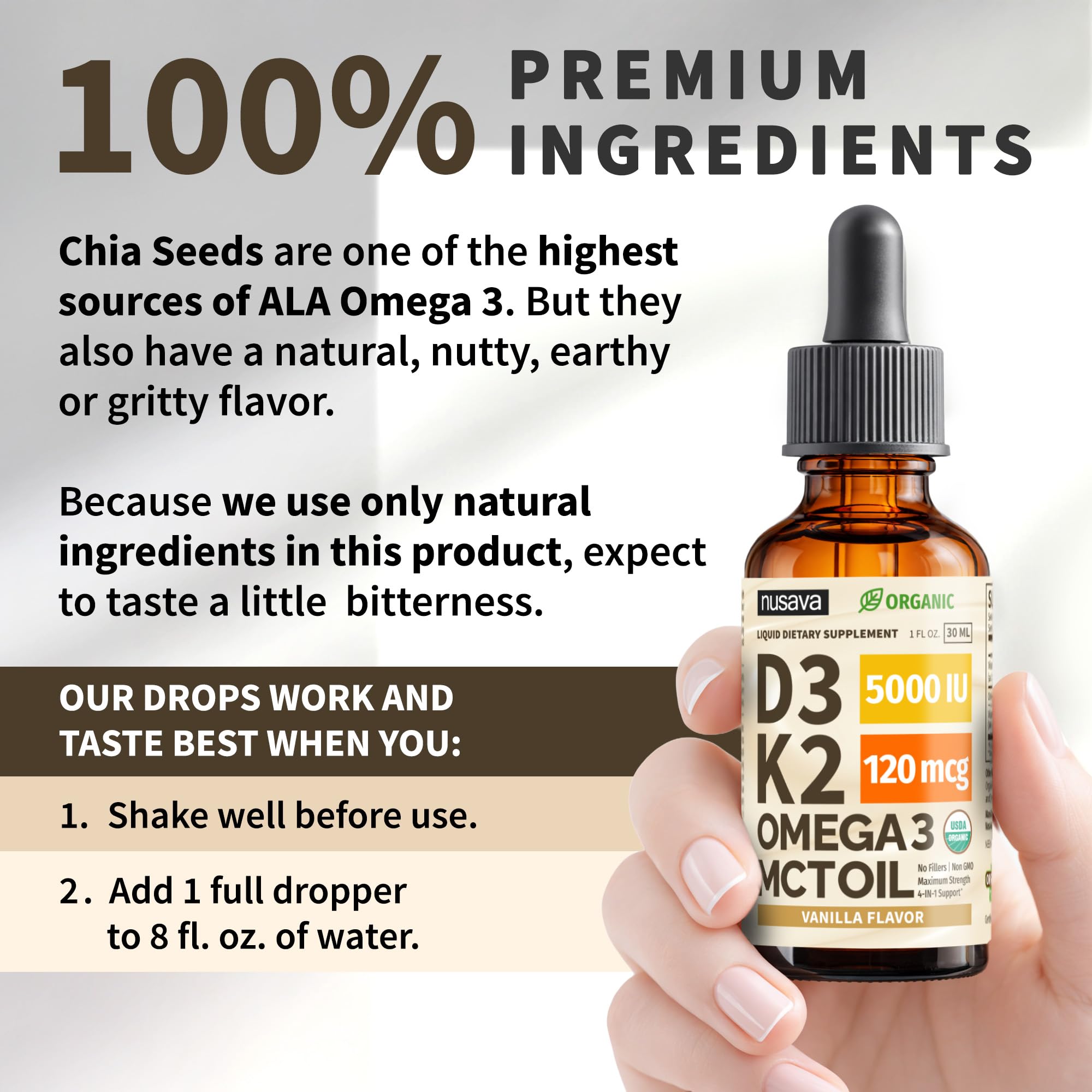 NUSAVA etiqueta de ingredientes visible, destaca fórmulas D3 K2 y omega‑3 claras
