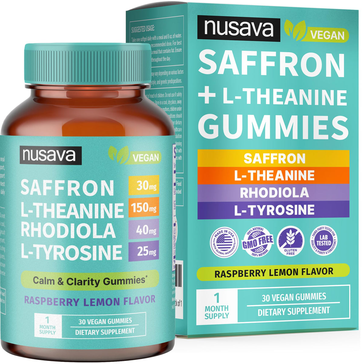 NUSAVA frasco delantero mostrando gominolas veganas y beneficios claros