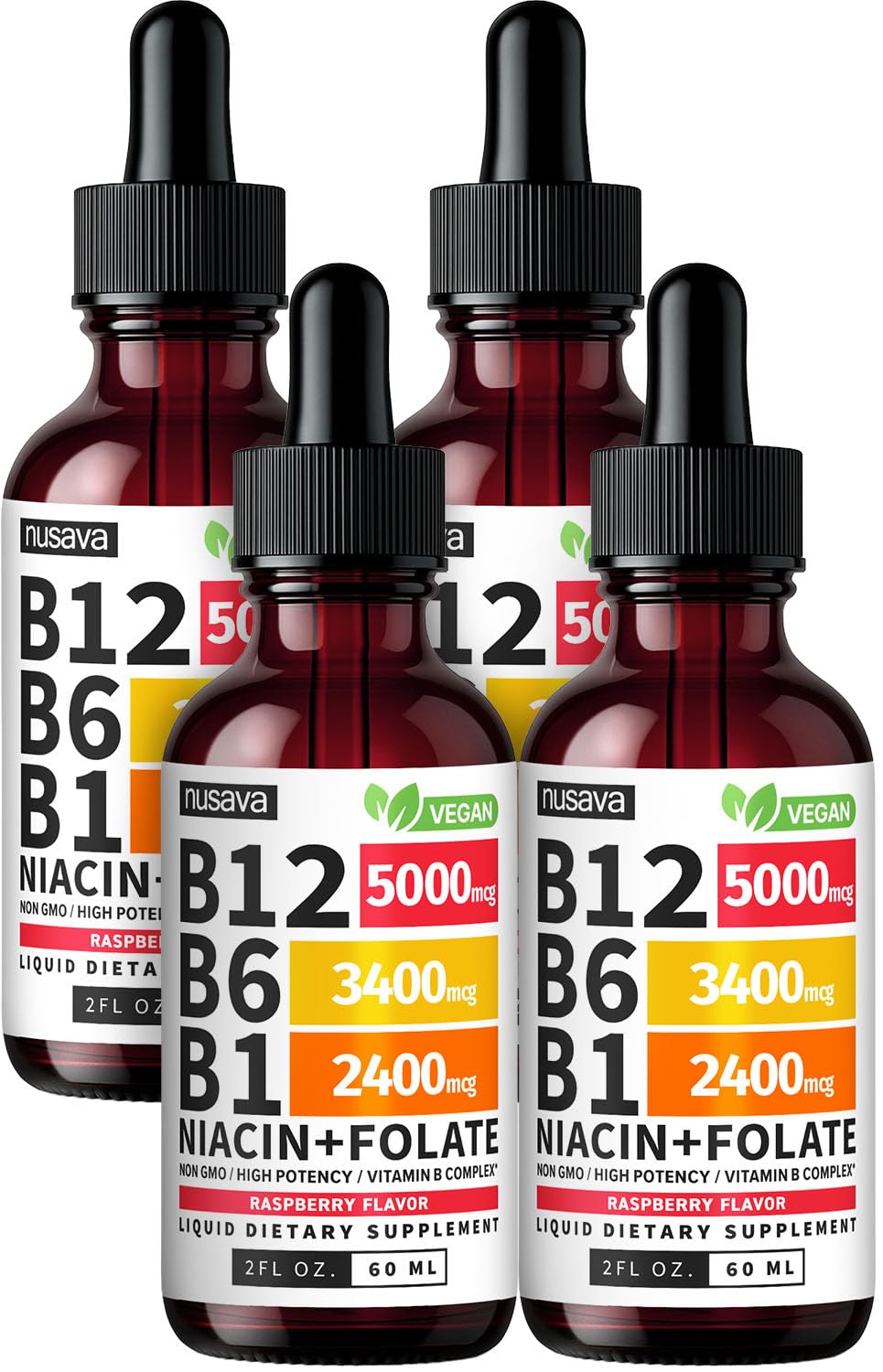 NUSAVA frontal del pack de 4 frascos mostrando etiqueta clara y beneficios