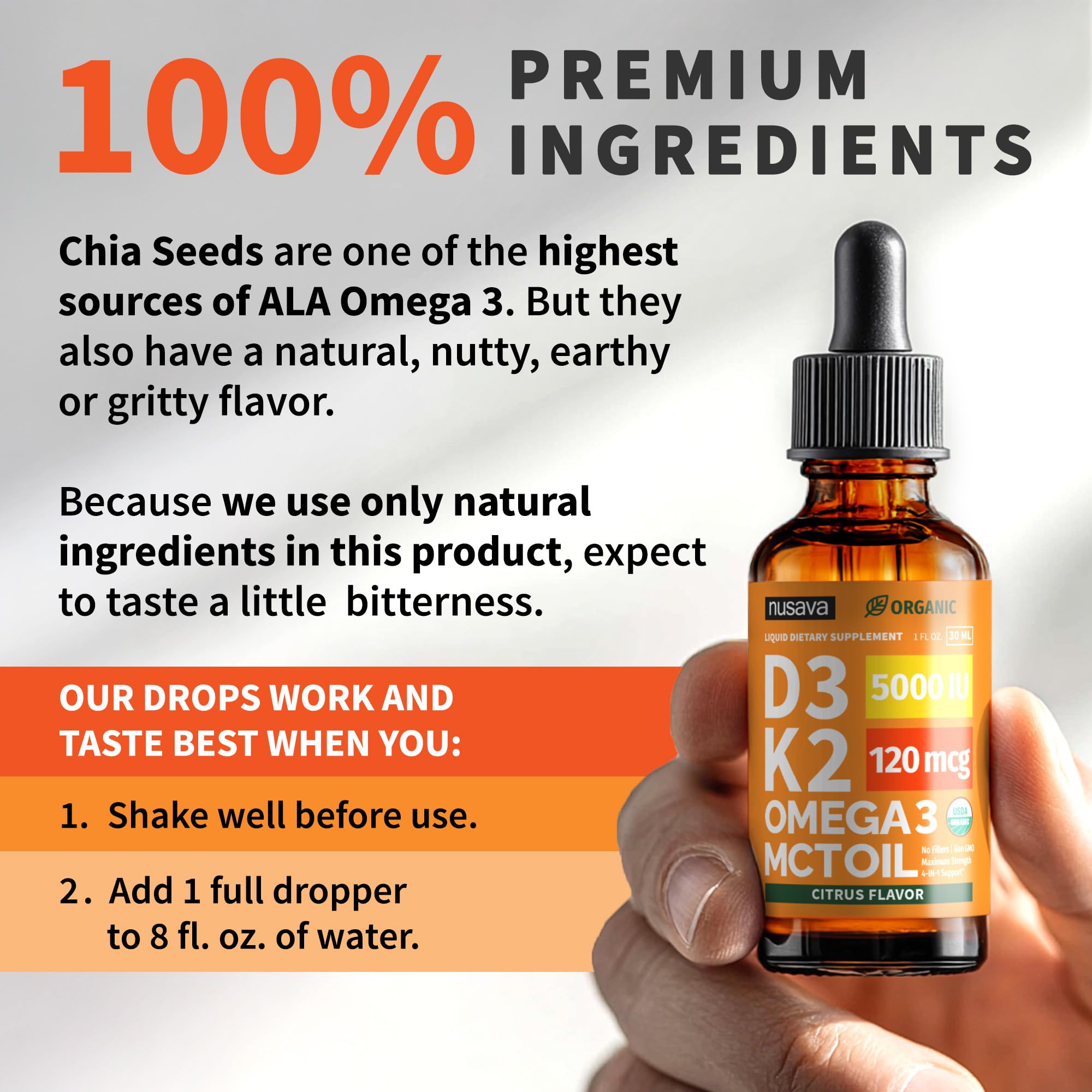 NUSAVA semillas de chía e ingredientes orgánicos resaltando origen natural