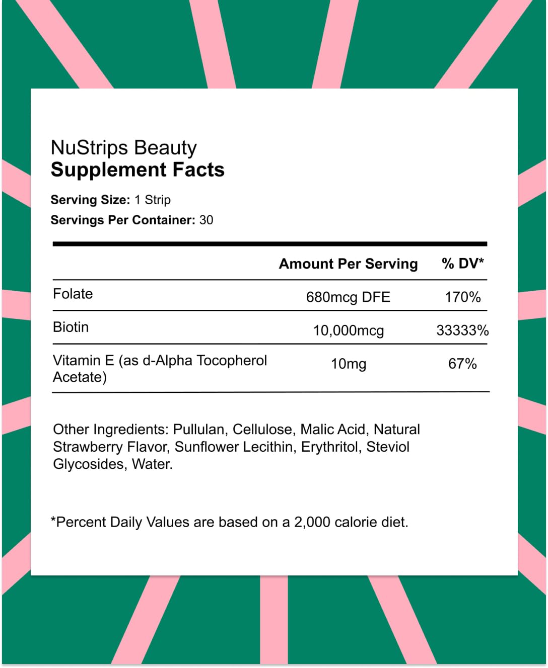NuStrips etiqueta con ingredientes y certificaciones, beneficio transparencia