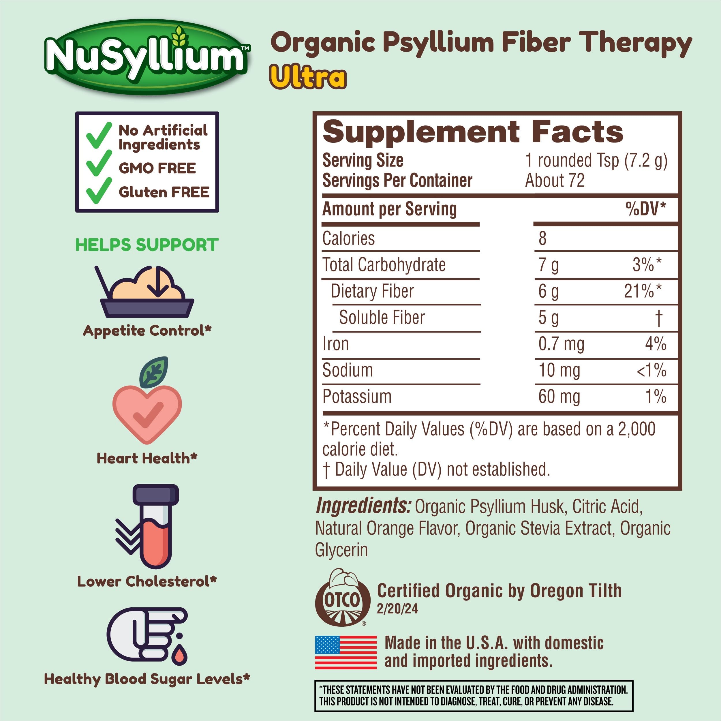 NuSyllium etiqueta USDA Organic en el envase, garantía de ingredientes orgánicos