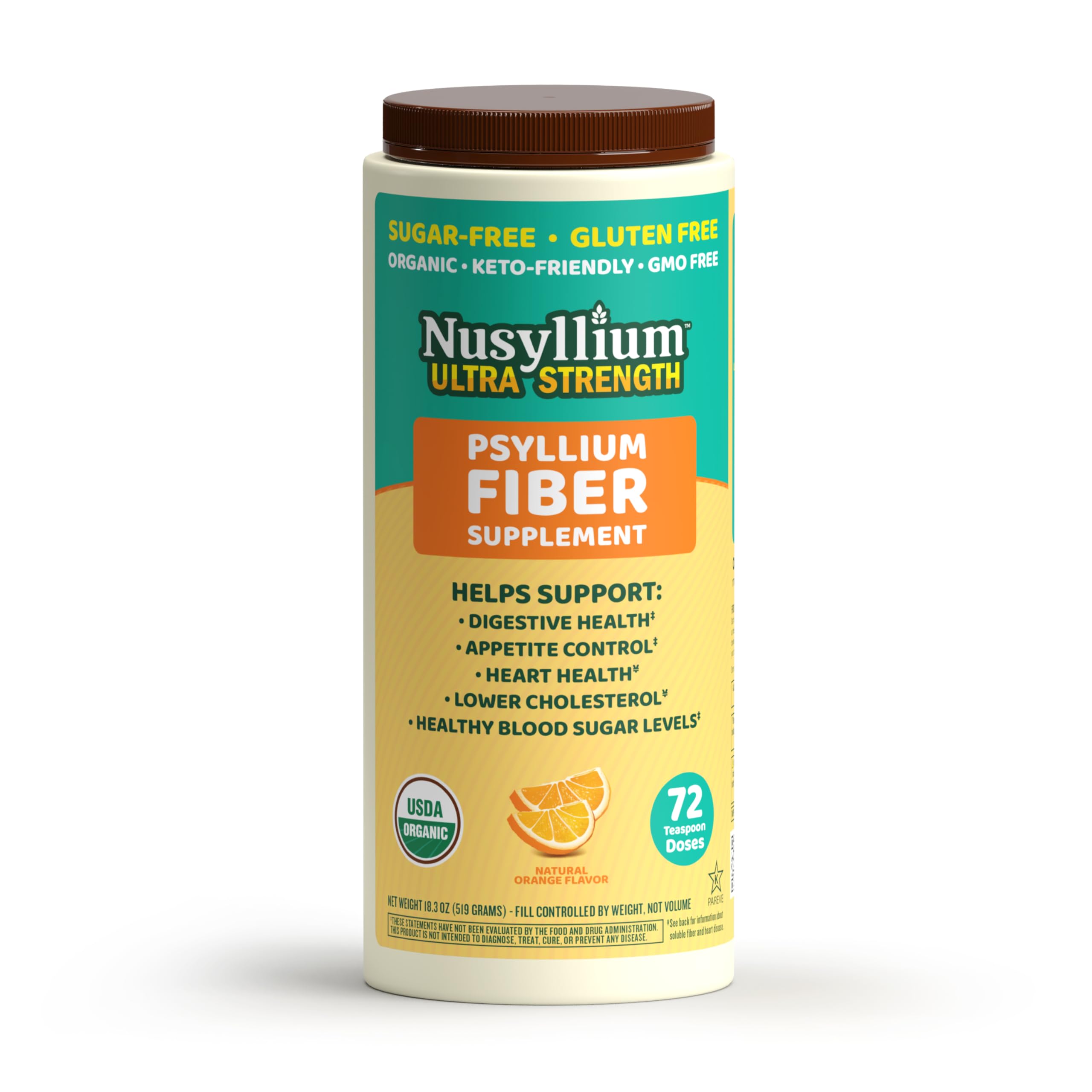 NuSyllium frasco frontal mostrando marca y sabor naranja, comodidad de uso