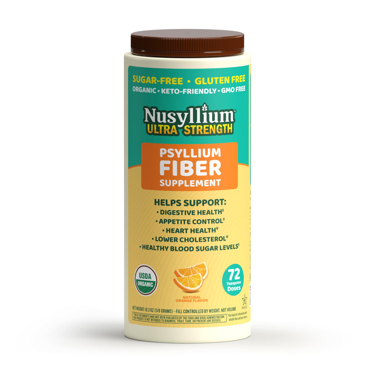NuSyllium frasco frontal mostrando marca y sabor naranja, comodidad de uso
