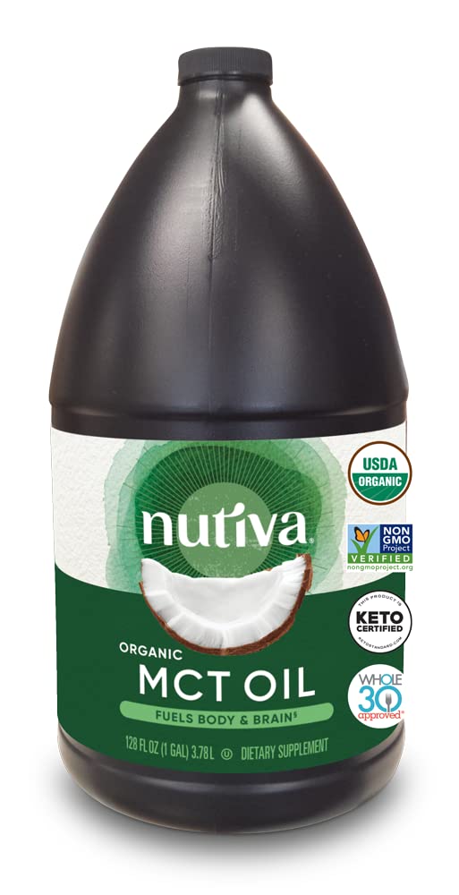 Nutiva botella frontal de 128 fl oz mostrando etiqueta y tamaño útil