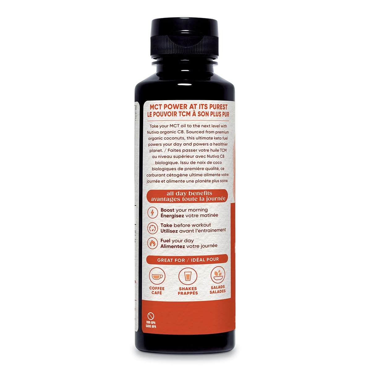 Nutiva C8 primer plano textura aceite sin olor para mezclas
