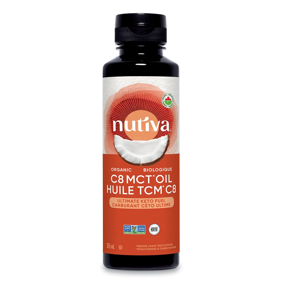 Nutiva C8 botella frontal mostrando diseño protector y uso práctico