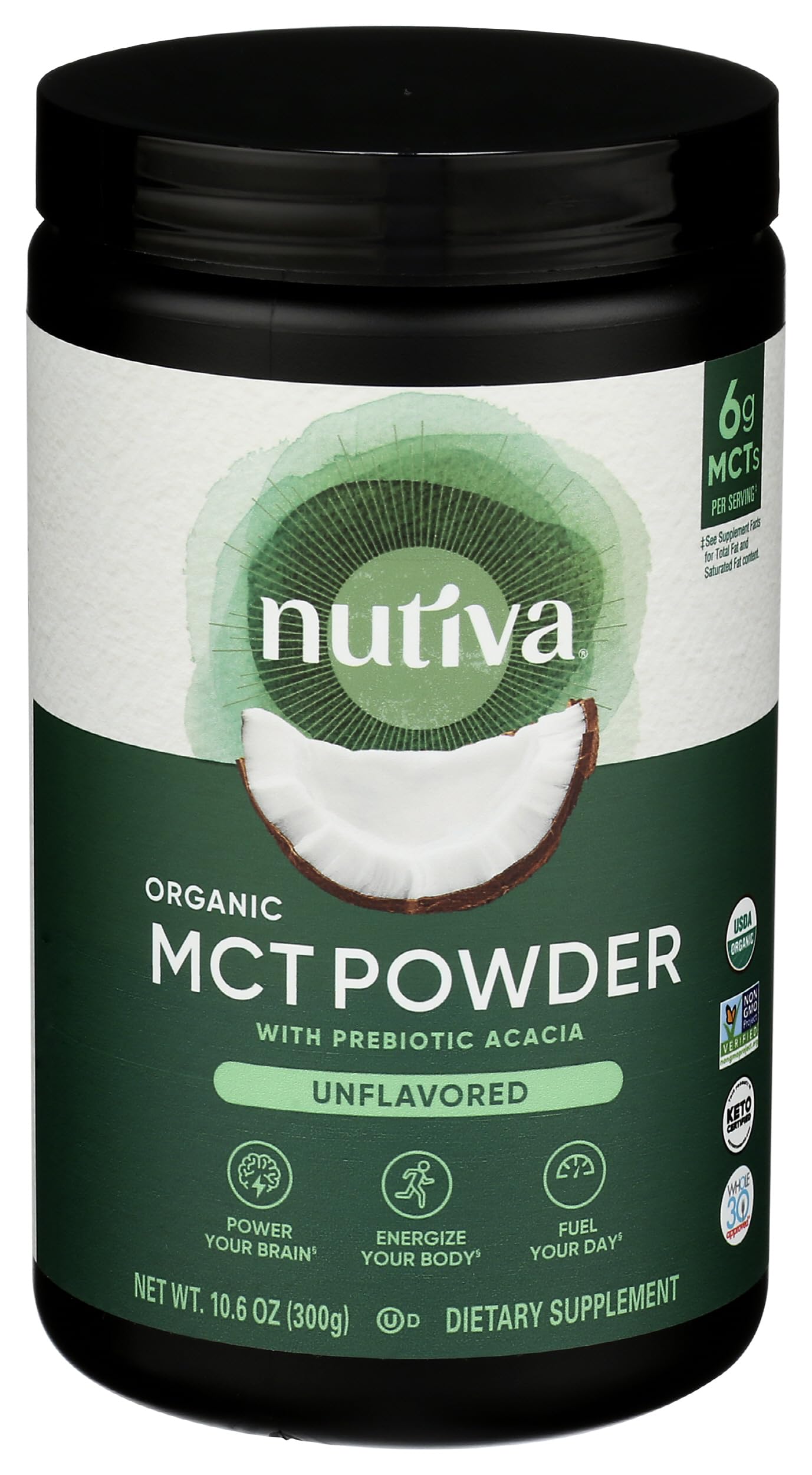 Nutiva envase frontal de MCT Powder mostrando presentación orgánica y beneficio de energía