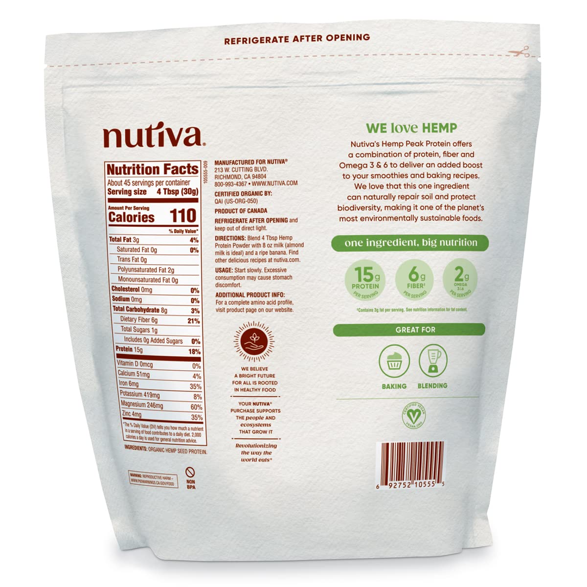 Nutiva etiqueta con ingredientes y certificaciones que aporta confianza