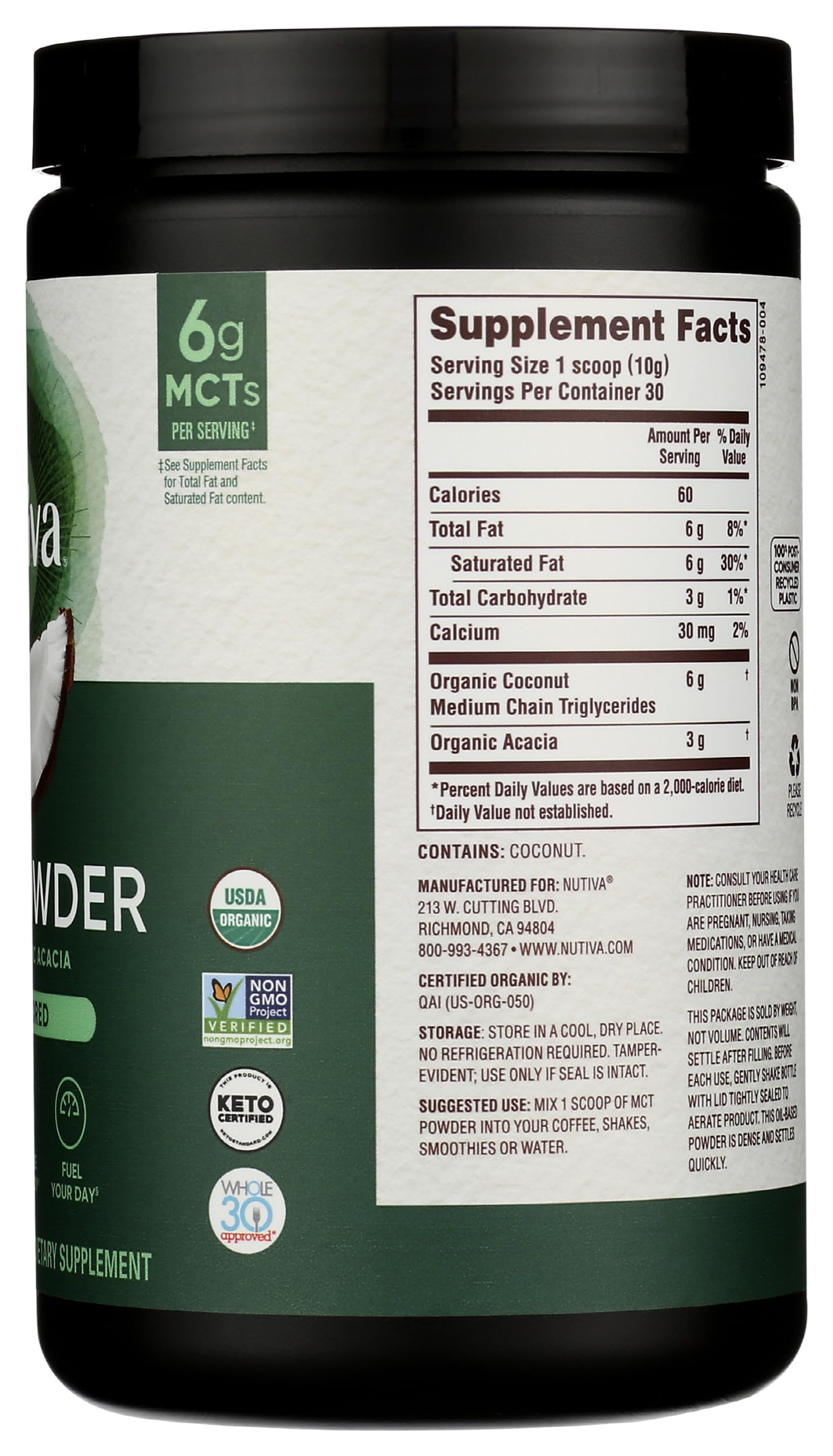 Nutiva etiqueta con ingredientes y certificaciones orgánicas que garantizan calidad