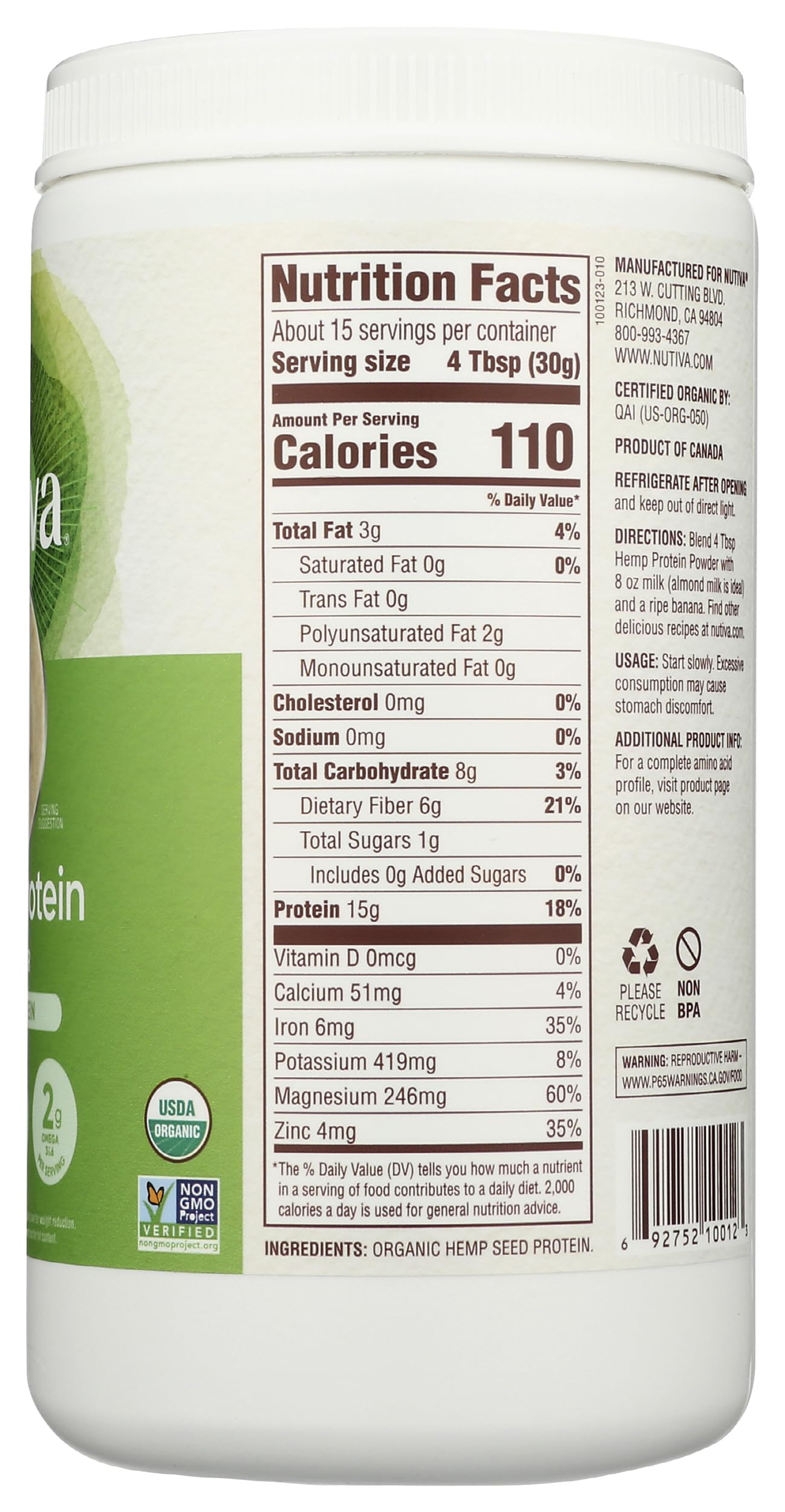 Nutiva etiqueta nutricional legible, información clara de ingredientes