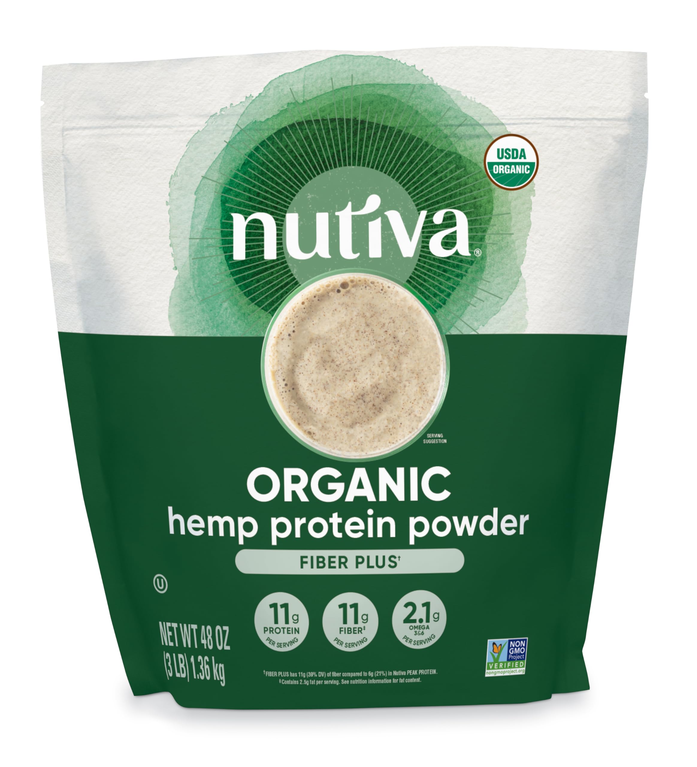Nutiva frente del empaque mostrando 3 libras y beneficios limpios