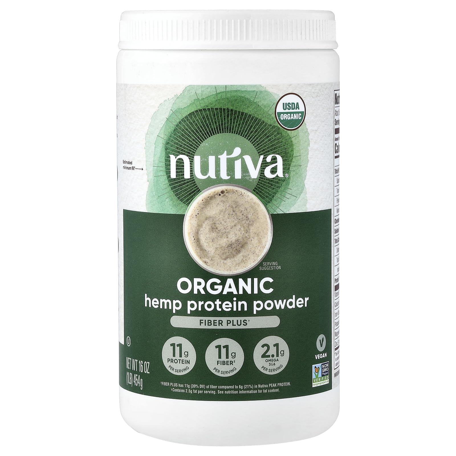 Nutiva frente del empaque mostrando etiqueta orgánica y beneficios nutricionales