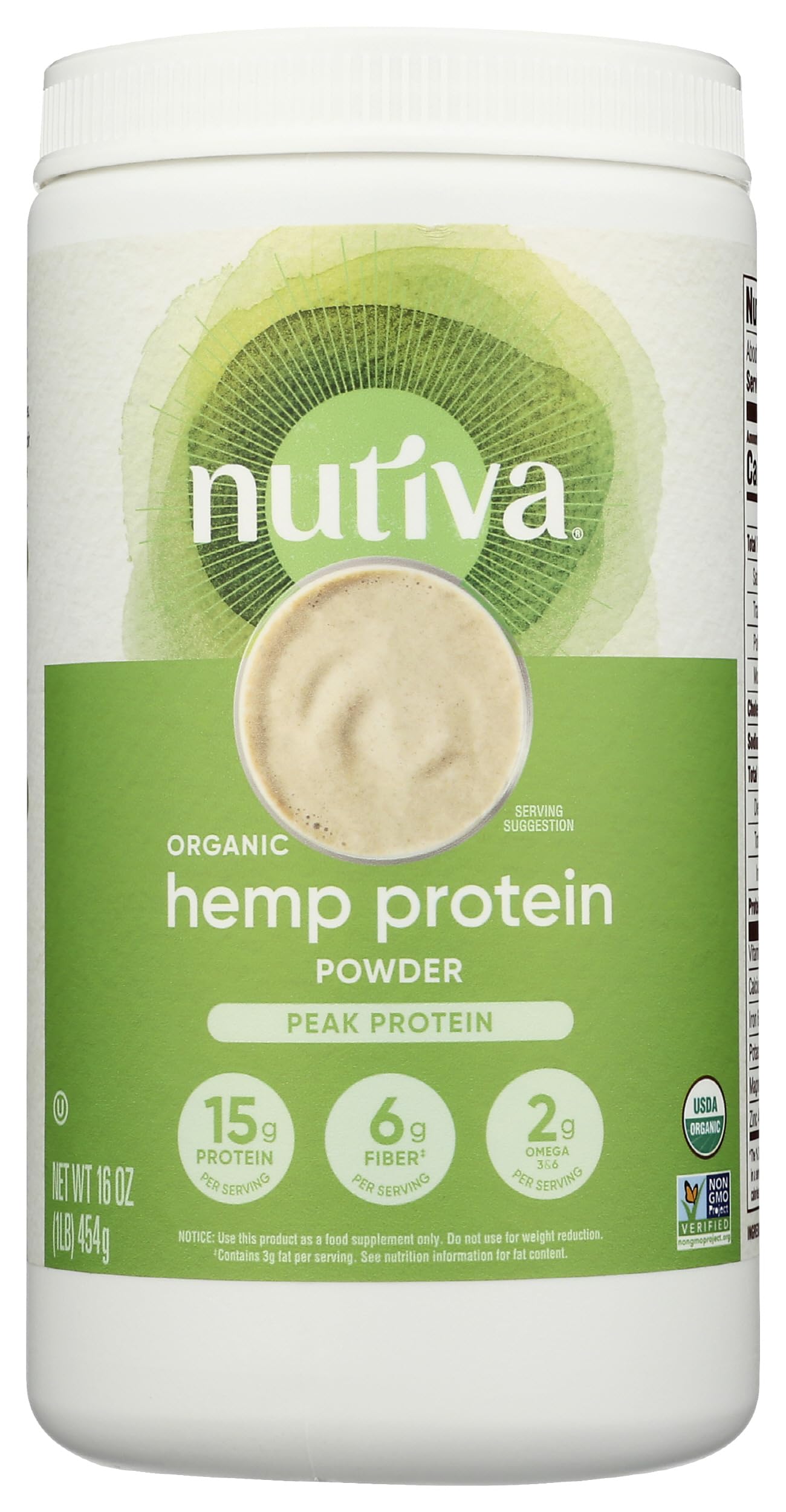Nutiva vista frontal del paquete mostrando la marca y beneficio orgánico