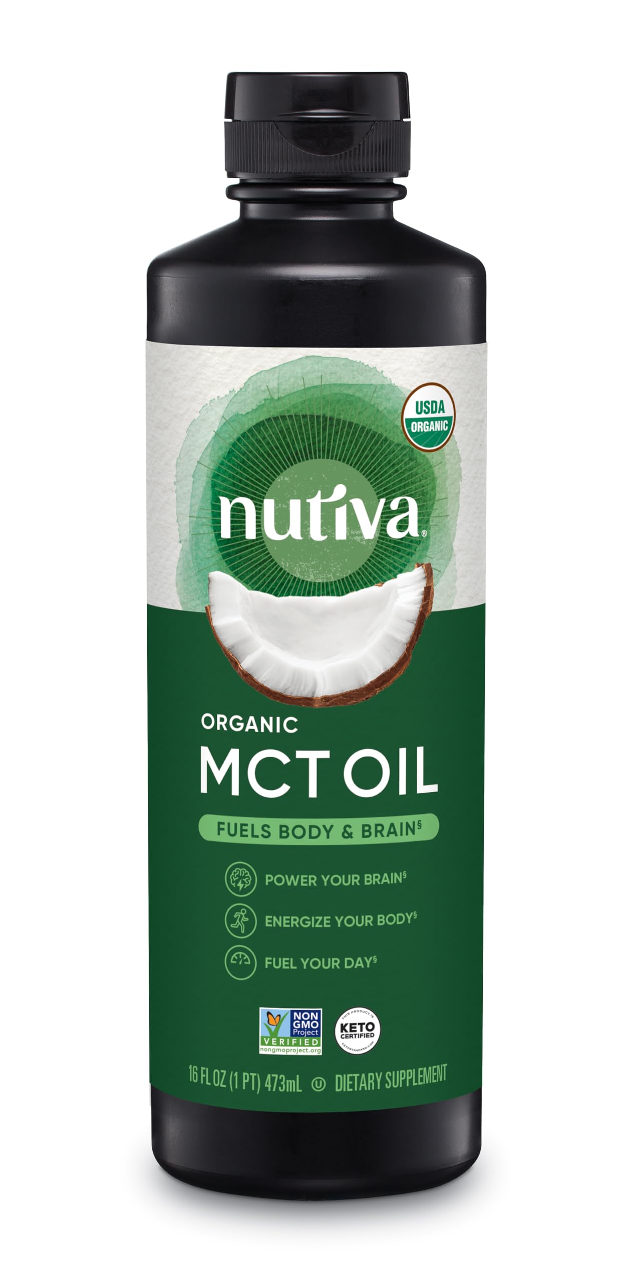 Nutiva botella frontal mostrando etiqueta orgánica y tamaño 473 ml