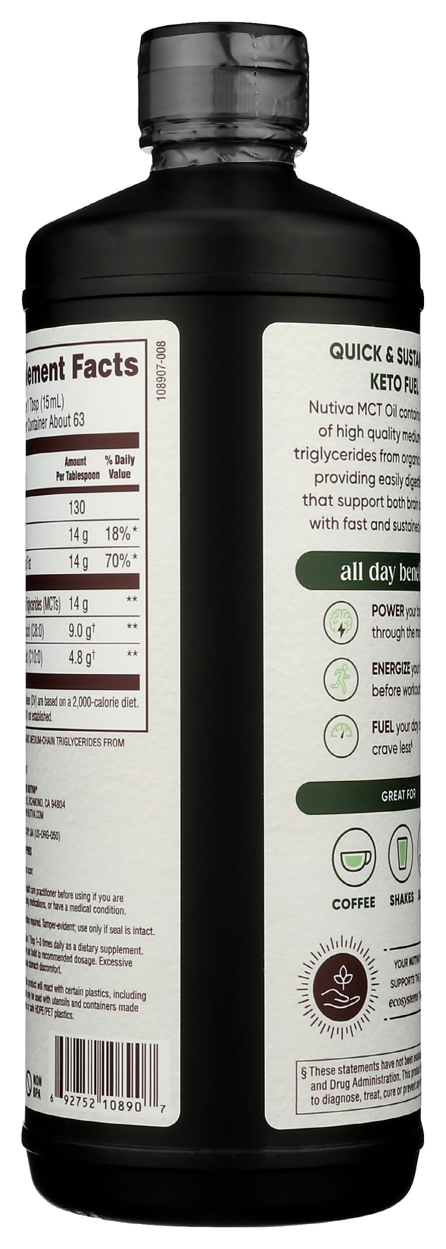 Nutiva etiqueta cerca con certificaciones USDA Organic y Non-GMO beneficios