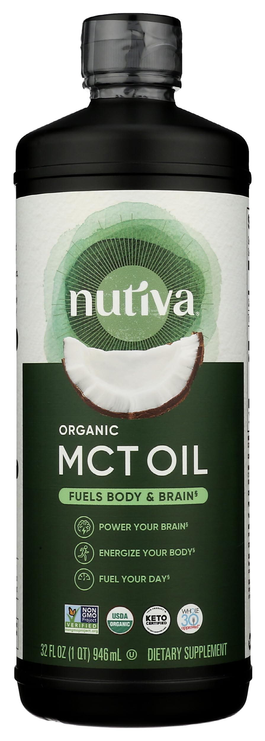 Nutiva botella frontal 32 oz que muestra envase y tamaño beneficios