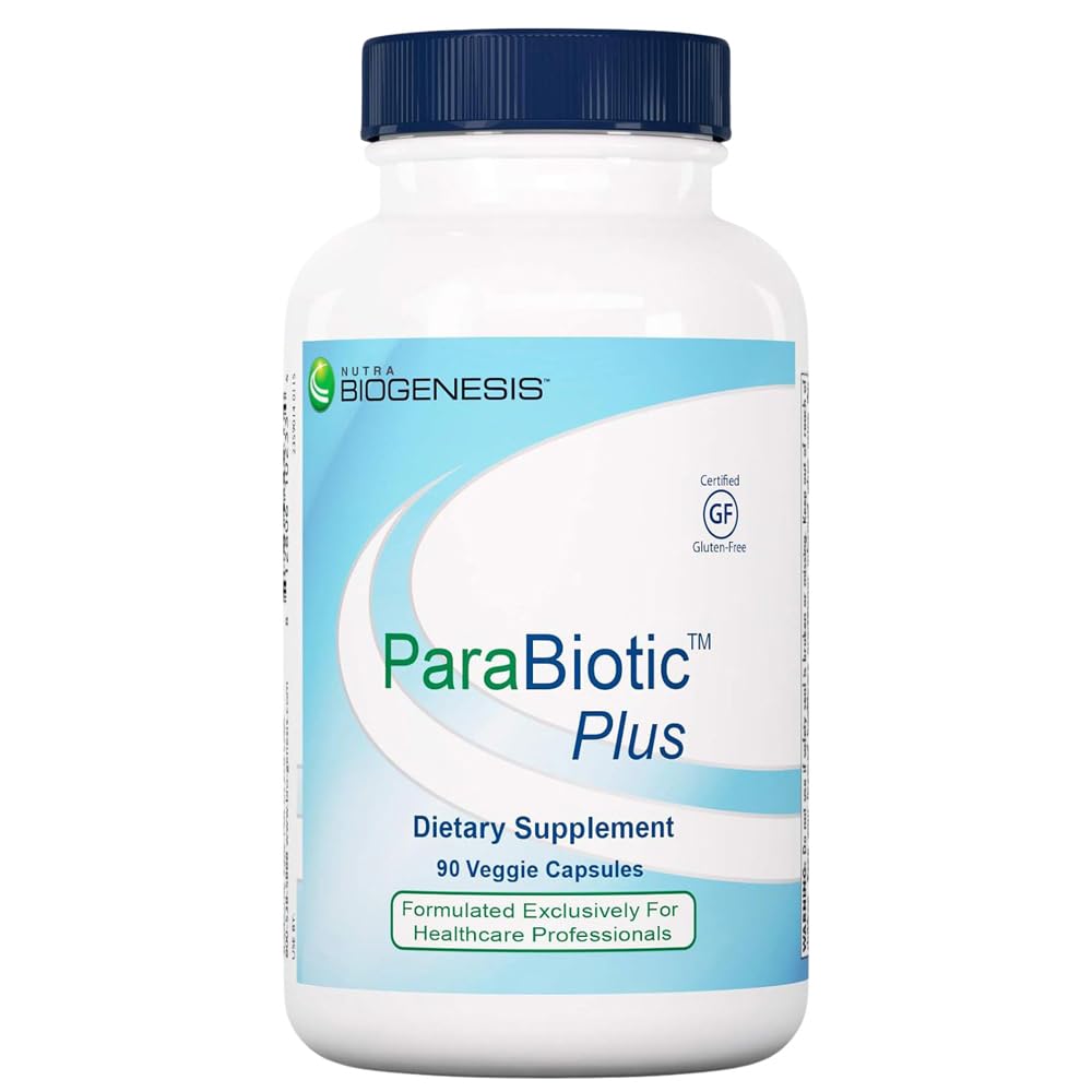 Nutra BioGenesis envase frontal mostrando cápsulas y beneficios de equilibrio intestinal