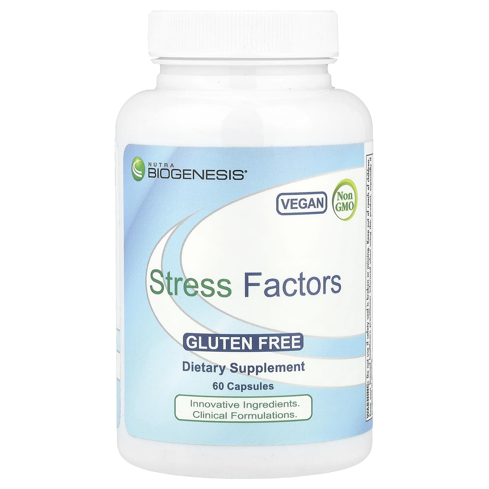 Nutra BioGenesis frasco frontal mostrando etiqueta clara y beneficio de calma