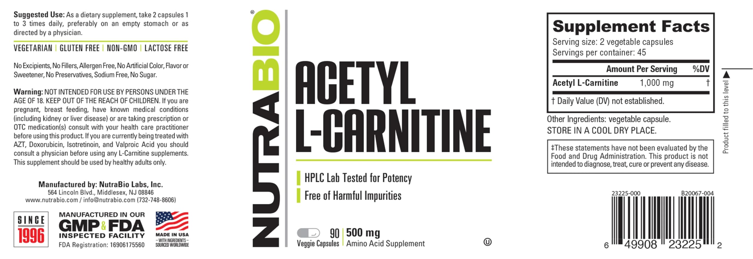 NutraBio ALCAR bote abierto con cápsulas listas para uso diario