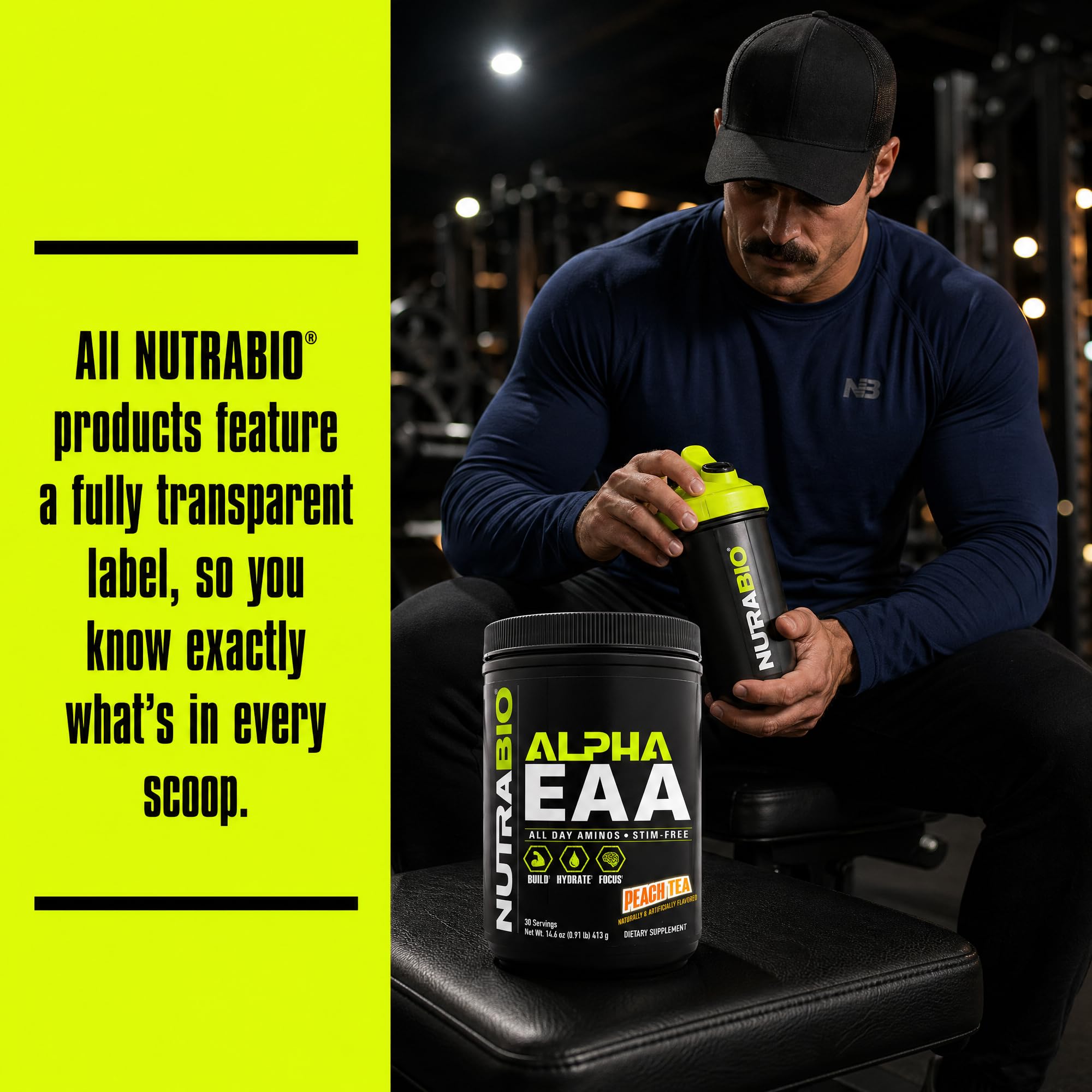 NutraBio Alpha EAA empaque Peach Tea reflejando sabor y presentación