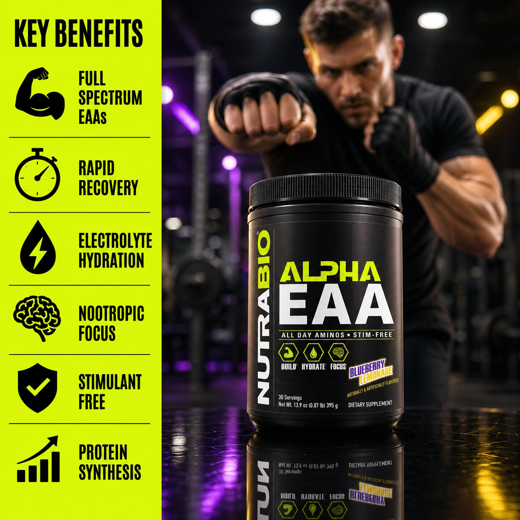 NutraBio Alpha EAA primer plano de nootrópicos que apoyan enfoque y control muscular