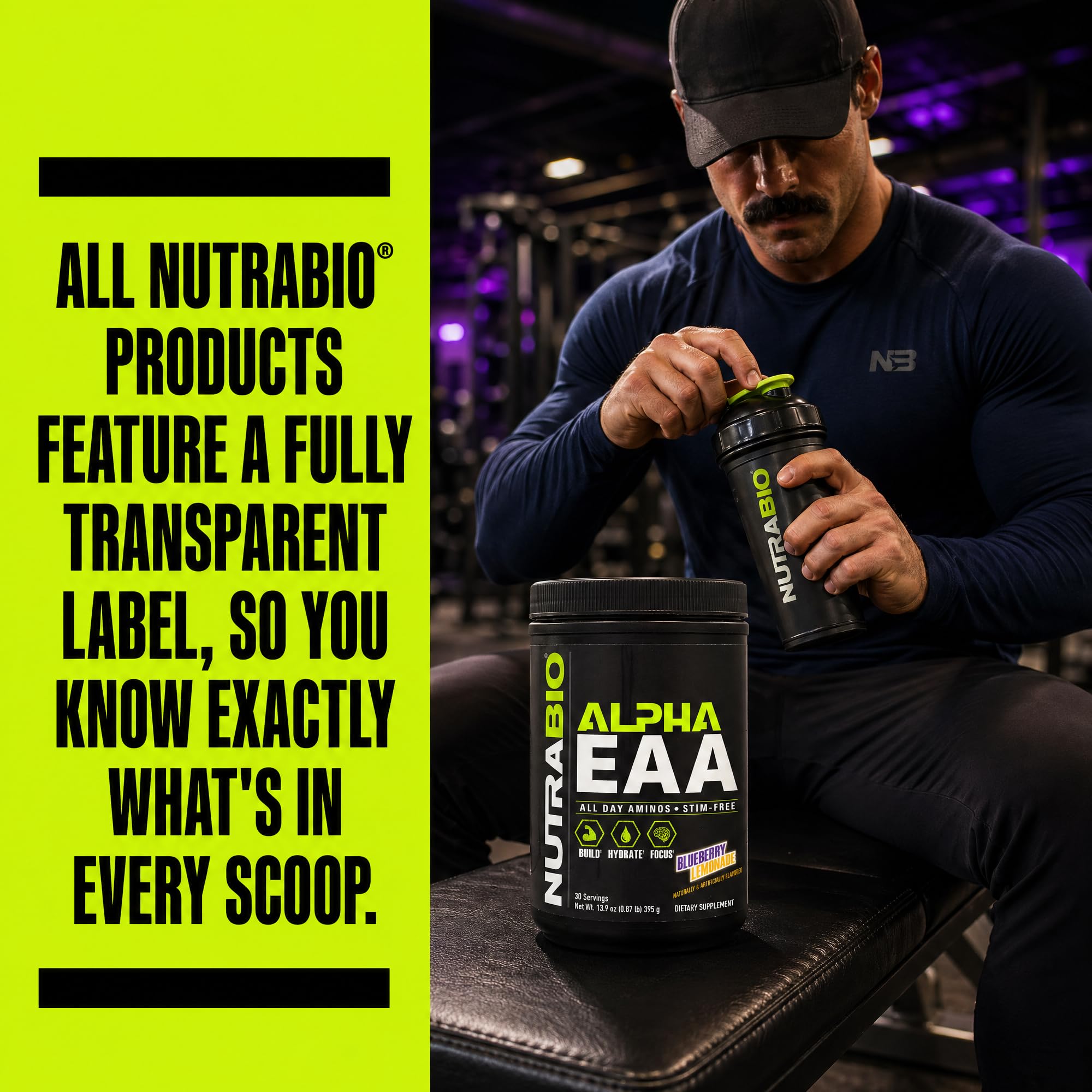 NutraBio Alpha EAA tamaño del bote comparado con una mano para referencia de 30 servicios