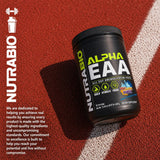 NutraBio Alpha EAA comparación de tamaño en mano para referencia de 30 servicios
