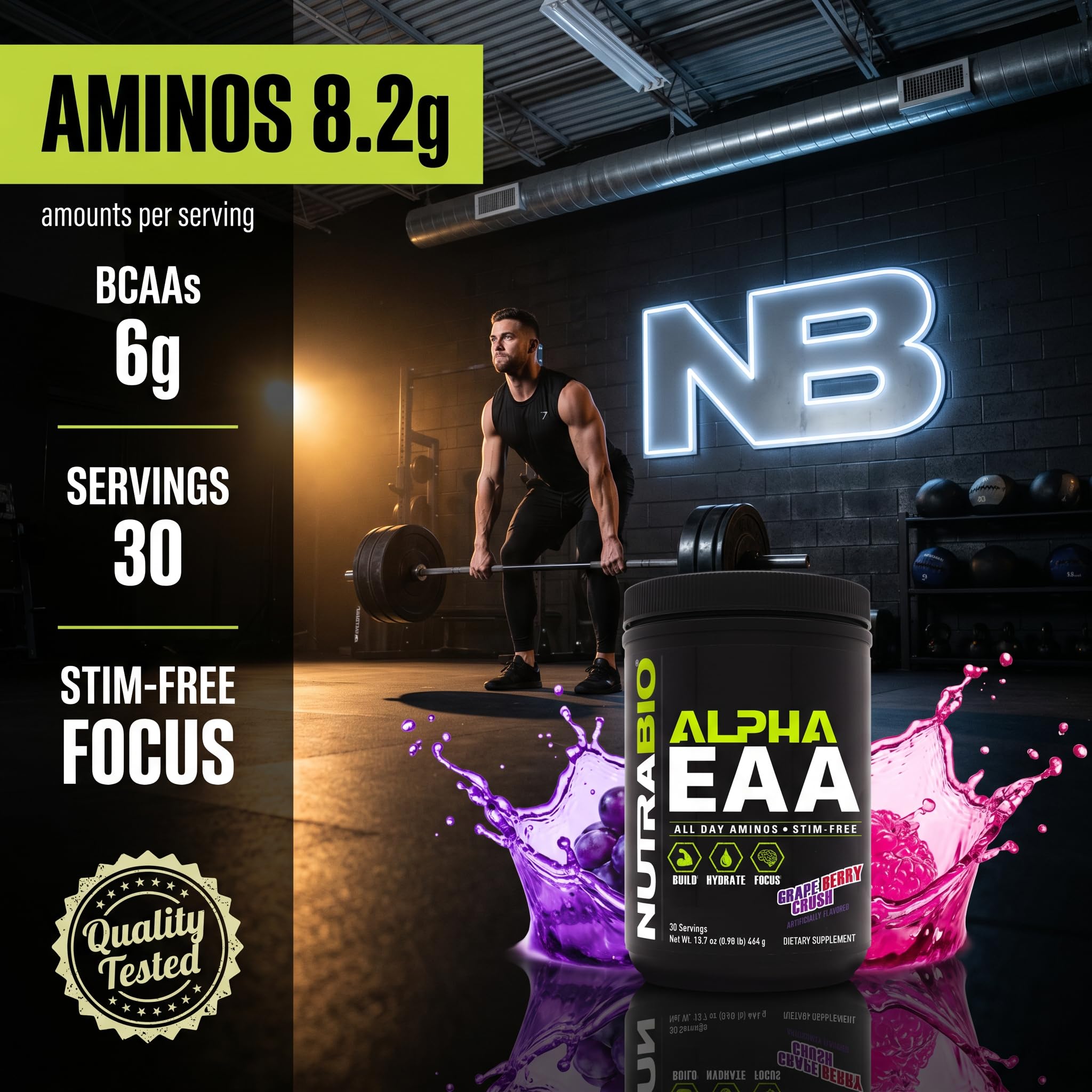 NutraBio Alpha EAA comparación de tamaño del bote, 30 servicios por envase