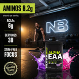 NutraBio Alpha EAA comparación de tamaño del bote, 30 servicios por envase