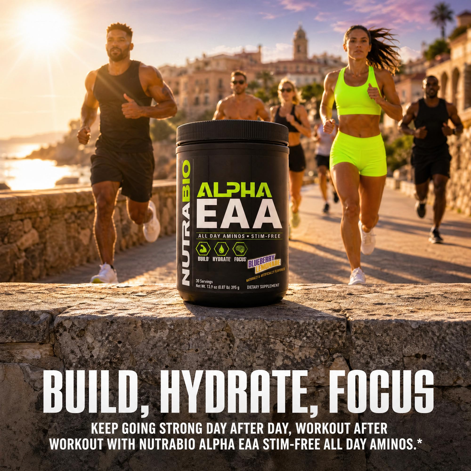 NutraBio Alpha EAA detalle de polvo con BCAAs veganos que favorecen recuperación